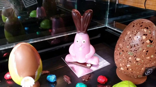 Bright coloured Easter chocolate bunnies at Hugo & Victor, Paris