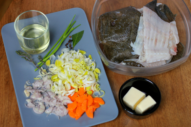 Ingredients to make a fish fumet, or stock