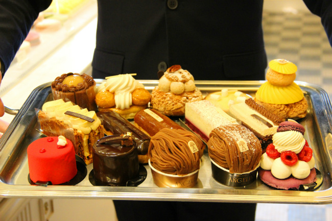 A tray of beautiful pastries at Angelina