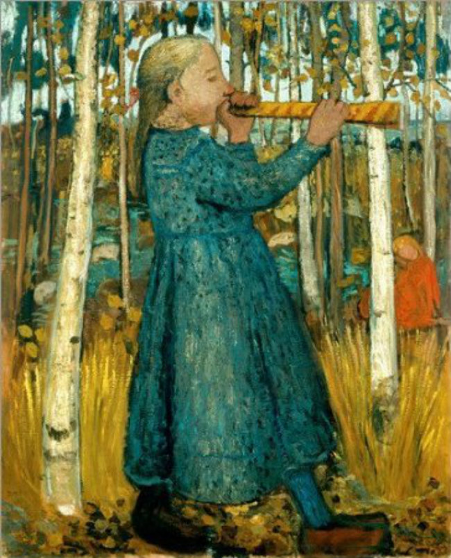 Right: Paula Modersohn-Becker, Girl Playing a Flute in the Forest of Birch Trees, 1905, distress on canvas on wood, 110.4 x 90.2 cm, Museen Böttcherstrasse, Paula Modersohn-Becker Museum, Brême © Paula-Modersohn-Becker-Stiftung, Bremen.