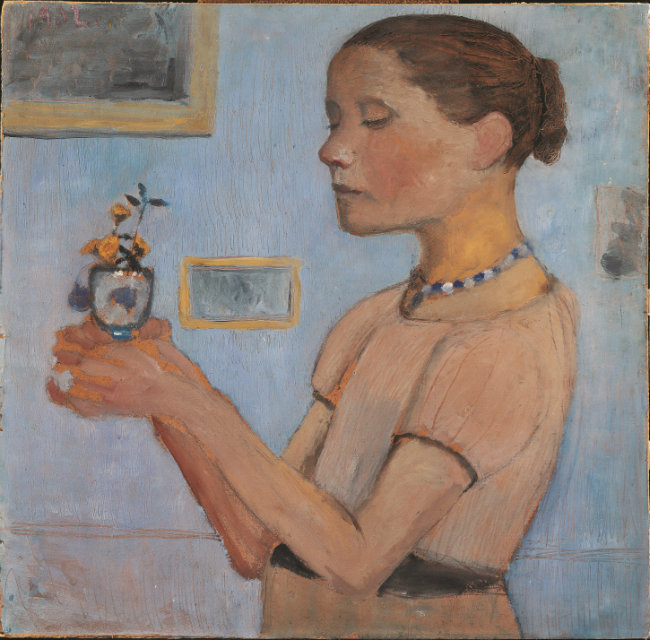 Paula Modersohn-Becker, Girl Holding a Glass with Yellow Flowers, 1902, distemper on cardboard, 52 x 53 cm, Bremen, Kunsthalle Bremen-Der Kunstverein in Bremen, © Paula-Modersohn-Becker-Stiftung, Bremen.