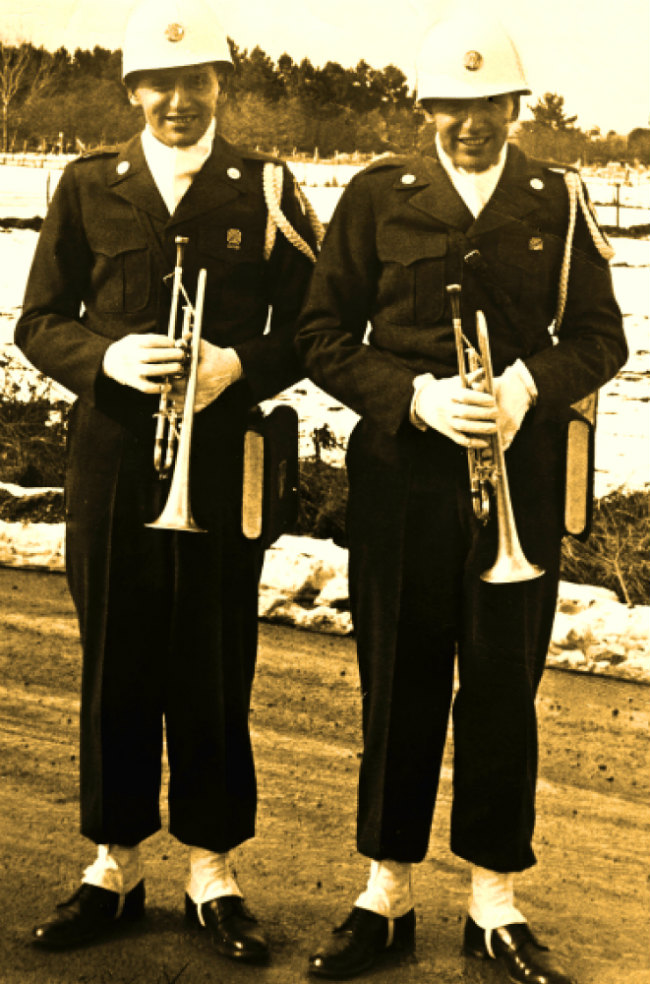 Sapiro Twins in full uniform, 279th Army Band, Poitiers, France, 1956 (Left: Erwin, Right: Maurice)