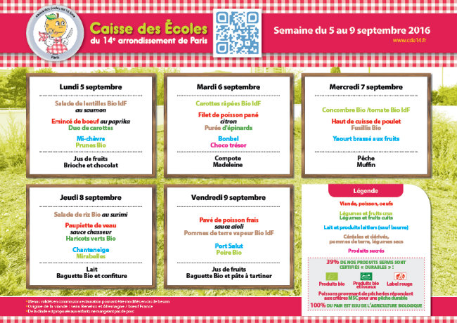 Weekly menu for schools in the 14th arrondissement of Paris