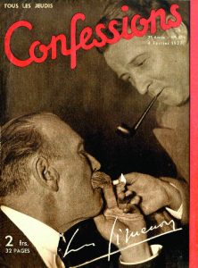 Old magazine cover showing Simenon with Police Commissaire Marcel Guillaume, who inspired Maigret