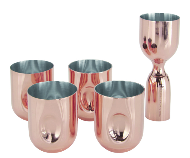 Exclusive. MADE IN DESIGN. Plum Shot glass and measuring cup gift set in copper-plated stainless steel, designed by Tom Dixon. €90.