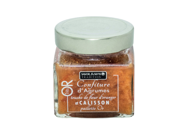 SAVOR ET SENS. Citrus fruit and Calisson almond jam, gold glitter jar, 200g. €6.90.
