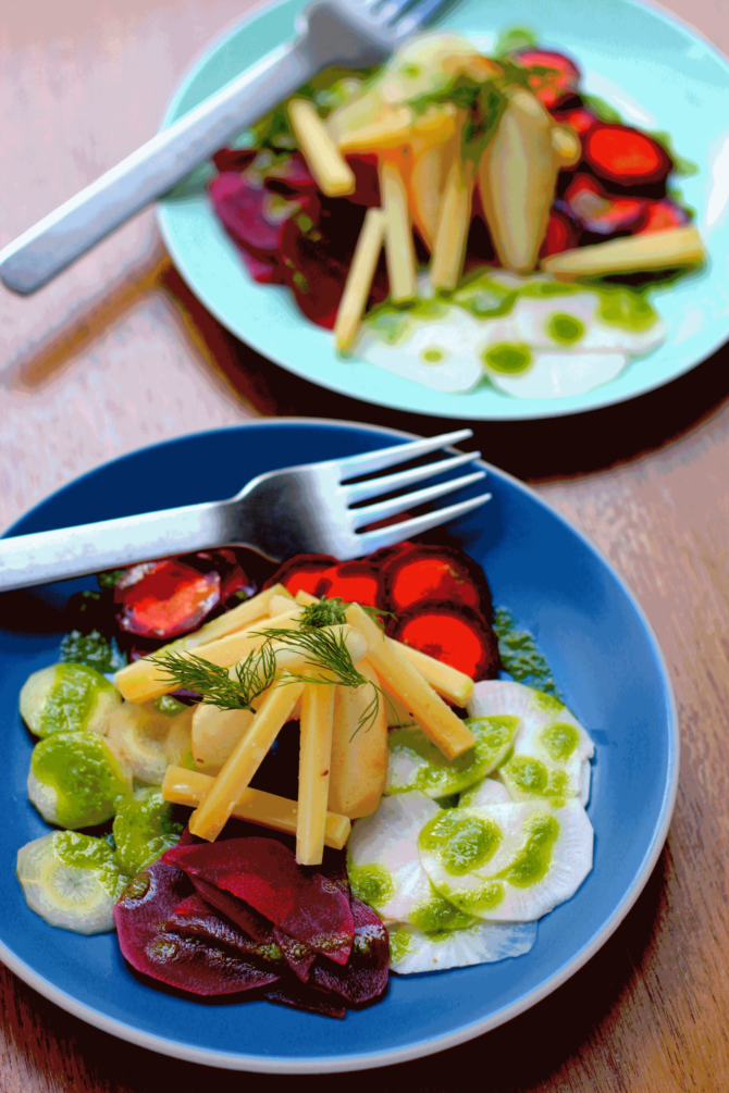 QuickPickled Beet and Carrot Salad with Pears and Comté Cheese