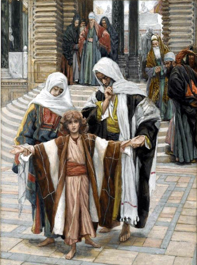 James Tissot, Jesus Found in the Temple, between 1886 and 1894, gouache over graphite on grey wove paper, Brooklyn Museum of Art, NY.  Public Domain: Wikipedia