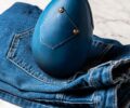 Denim Easter Egg on top of Denim jeans by Dalloyau