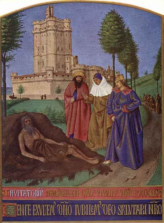 Job and his False Comforters by Jean Fouquet 1455, featuring Château de Vincennes