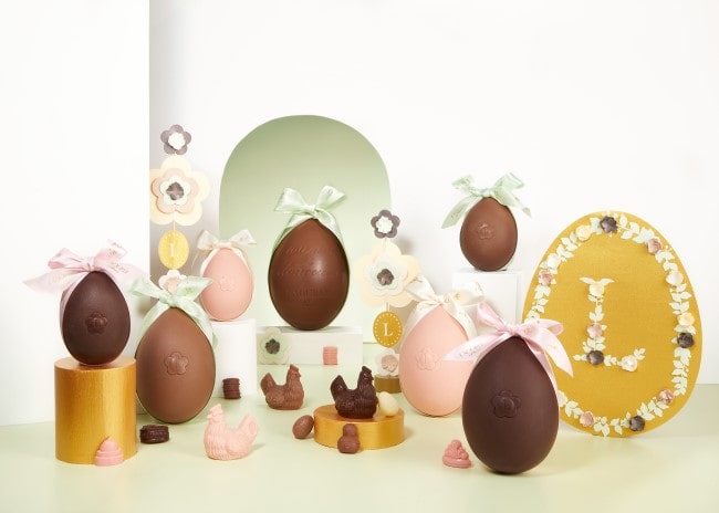 Promotional photo of Laduree Easter Eggs against a green background