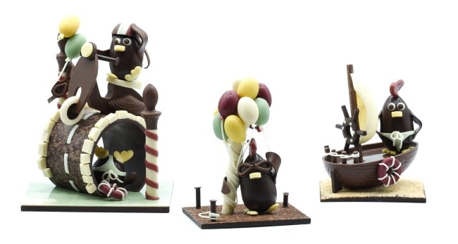 Trio of chicken sculptures made out of chocolate by Reine Astrid