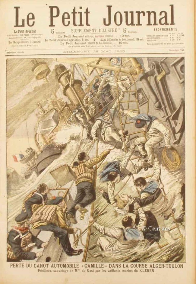 Camille du Gast Sauvetage dans la course Alger Toulon, Le Petit Journal, 1905, Public Domain