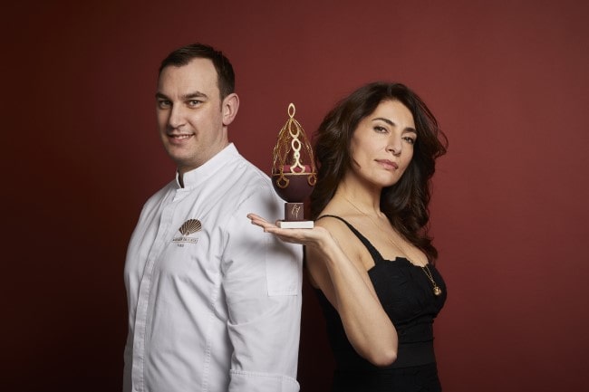 Adrien Bozzolo and Caterina Murino for Mandarin Oriental’s Easter Promotion in front of red background taken by Roberto Frankenberg