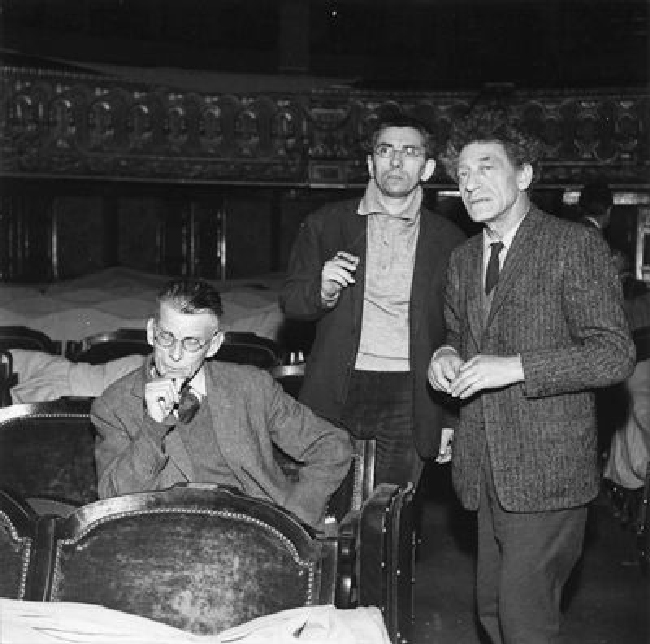 Boris Lipnitzki Samuel Beckett, Jean-Marie Serreau and Alberto Giacometti assisting at a rehearsal of Waiting for Godot