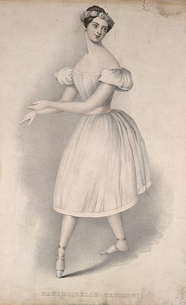 Mademoiselle Taglioni poses in dance clothing with her left leg extended.