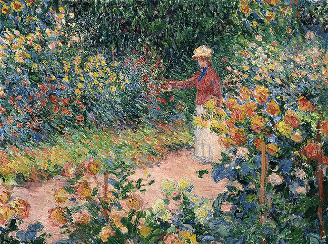 An oil painting of a lady walking through a garden at Giverny, Monet