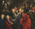 Panneau gauche du triptyque de Dreux Budé: la trahison et l'arrestation du Christ, avec les donors Dreux Budé et son fils Jean présentés par saint Christophe.