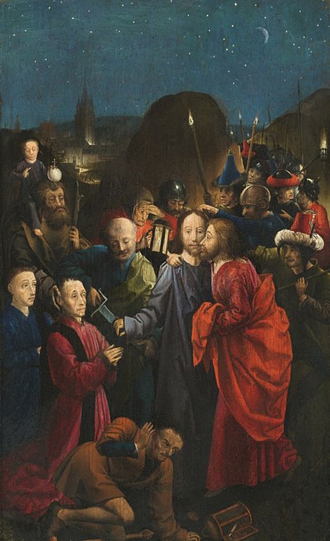 Panneau gauche du triptyque de Dreux Budé: la trahison et l'arrestation du Christ, avec les donors Dreux Budé et son fils Jean présentés par saint Christophe.