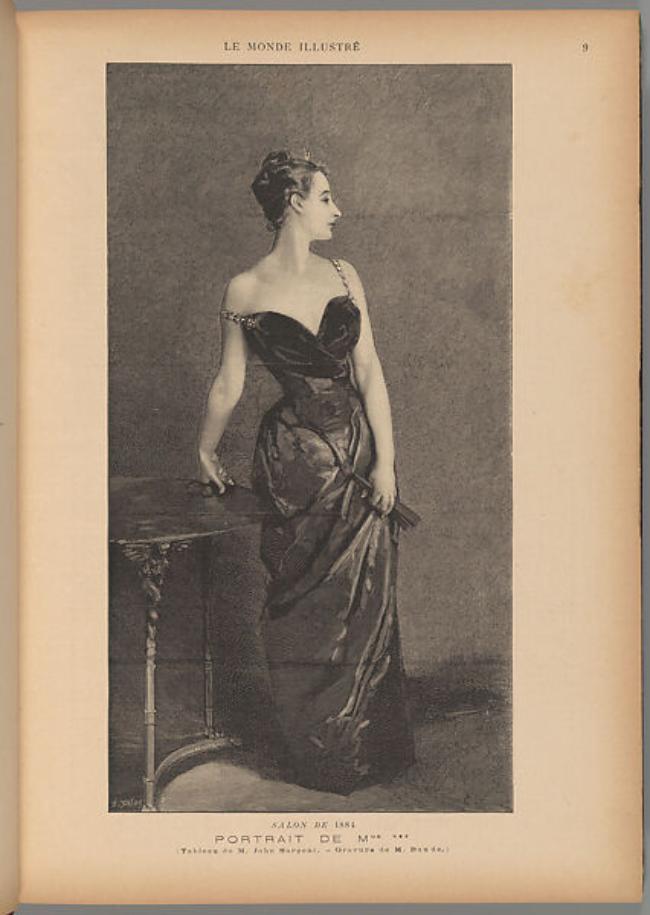 Their prolonged engagement produced numerous studies, some of which appear in the current exhibition. At long last Sargent settled on a dark, rather spare full-length portrait of a slim, curvaceous woman, clothed in a black tight-fitting velvet gown that revealed most of her upper body – neck, chest, arms, and, most of all, her shoulders, emphasized by a fallen gold and diamond strap pulling tautly against the flesh of her right upper arm. This apparent disregard for a bit of deshabille struck the audience as an indecent exposure, a risqué detail. The effect sent shockwaves throughout this exclusive vernissage, the Salon’s preview on May 1, 1884.