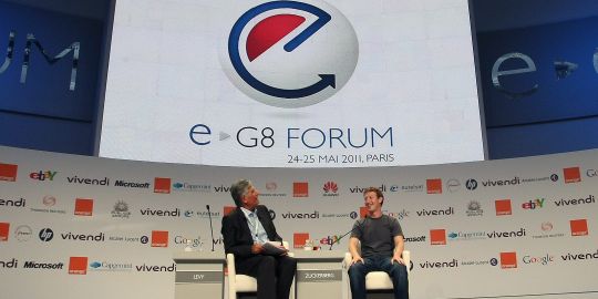 Moderator and Mark Zuckerberg at e-G8 photo: AP/Bob Edme