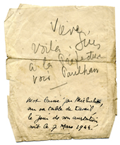 Fondaine's note to wife on day of arrest. Coll. Michel Carassou, Paris.
