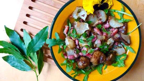 Jerusalem artichokes, lardons, arugula & bay leaves. 