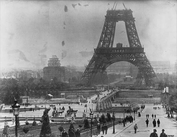 Eiffel Tower mid-construction, circa 1878. Public domain image.