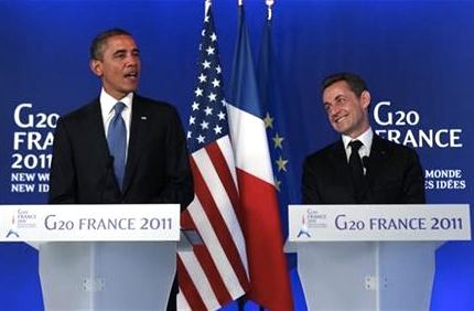 Presidents Obama and Sarkozy, Nov. 3, Cannes G20 Summit. Photo: Reuters