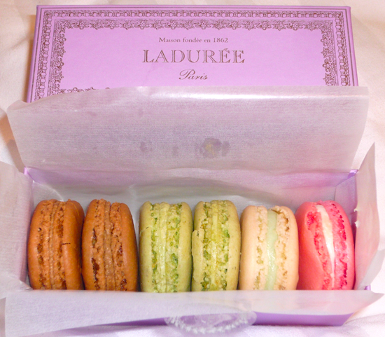 Ladurée macarons. Flavors: coffee, pistachio, orange blossom and rose. Photo by Violetta363.