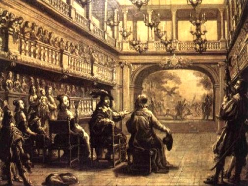 Palais-Cardinal in 1641, King Louis VIII + queen with Cardinal Richelieu at Richelieu's private theater (later Palais-Royal). Public domain image..