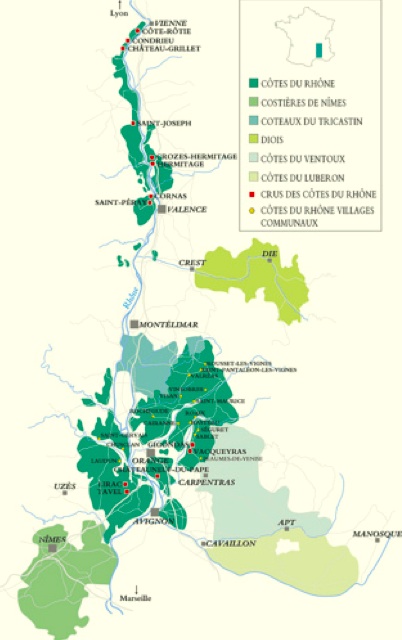 Map of Côtes du Rhône wine production area.